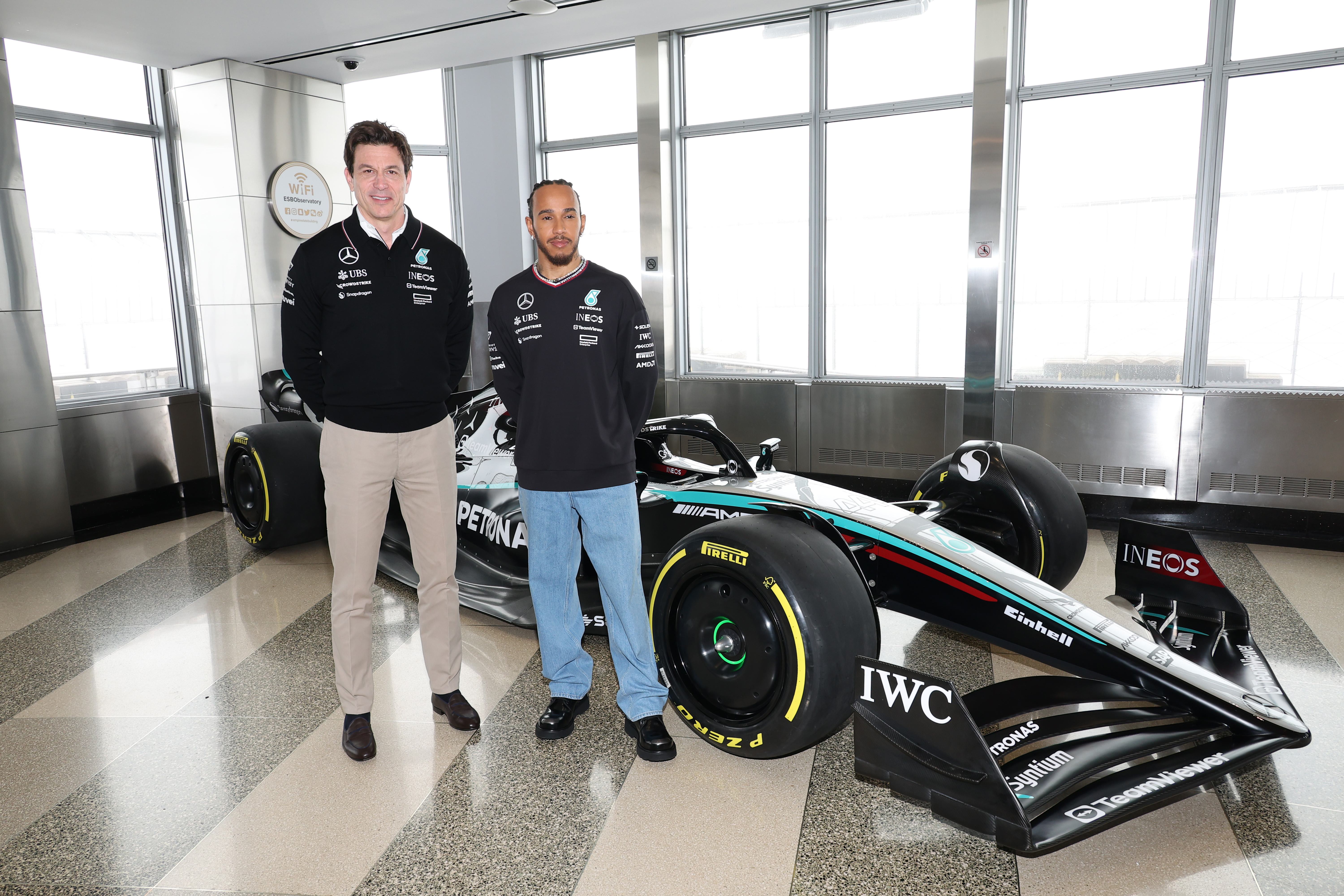 Toto and Lewis with the F1 car on ESB's 86th Floor Observatory