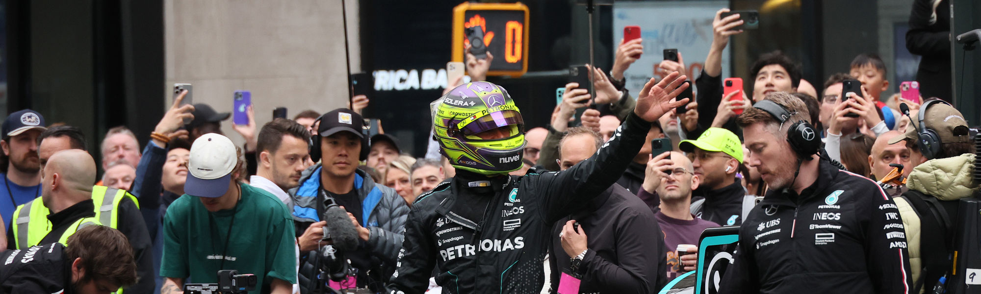 Lewis Hamilton races in front of the Empire State Building