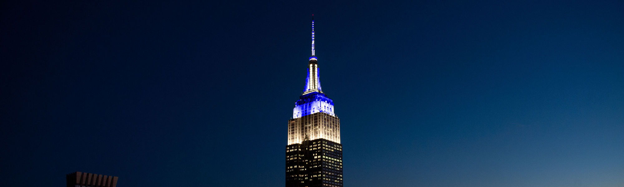 ESB lit in white and blue