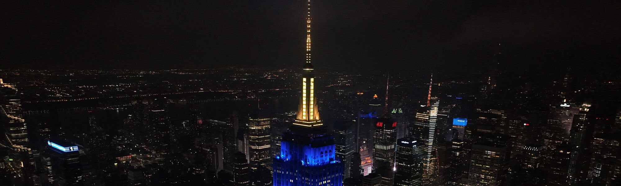 ESB lit in blue and yellow for "DOG MAN"