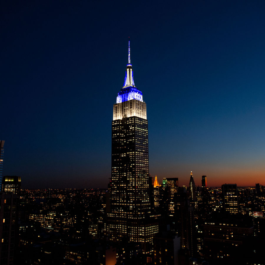 ESB lit in white and blue