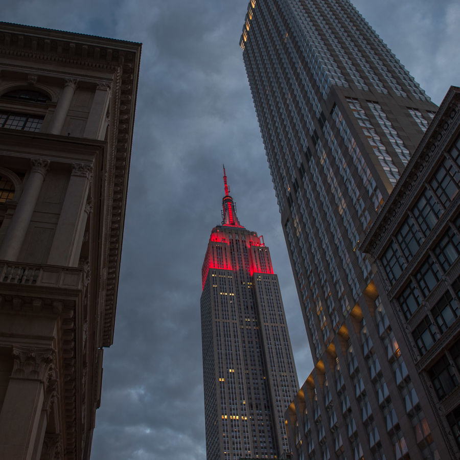 ESB lit in red for Hispanic Heritage Month