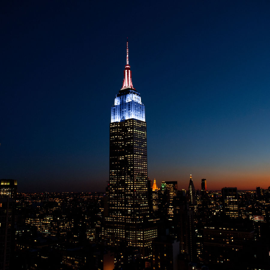 The Empire State Building lit in rose quartz and serenity