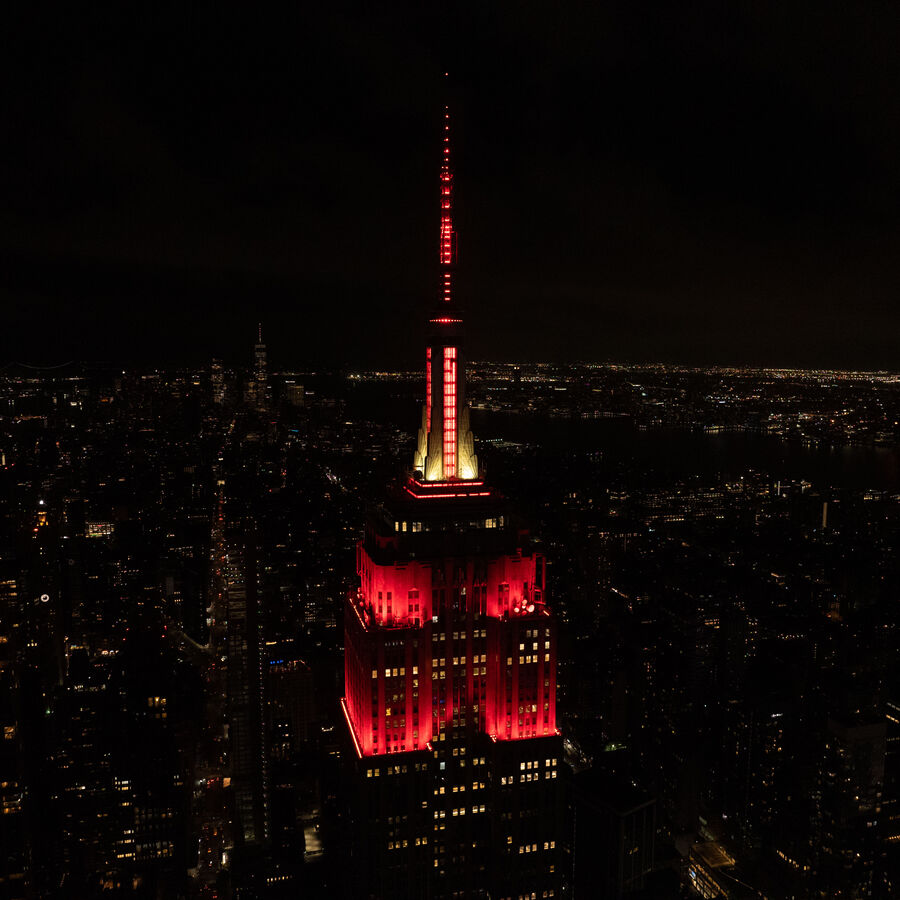 ESB lit in red and white