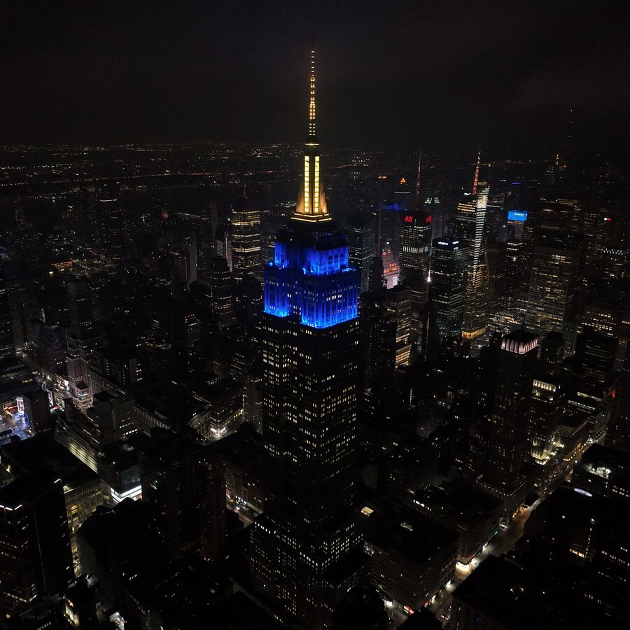 ESB lit in blue and yellow for "DOG MAN"