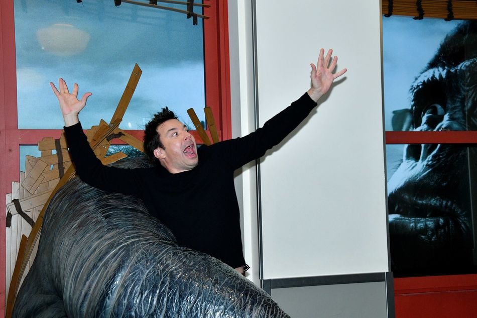 Jimmy Fallon reacts to the Kong exhibit at the ESB Observatory