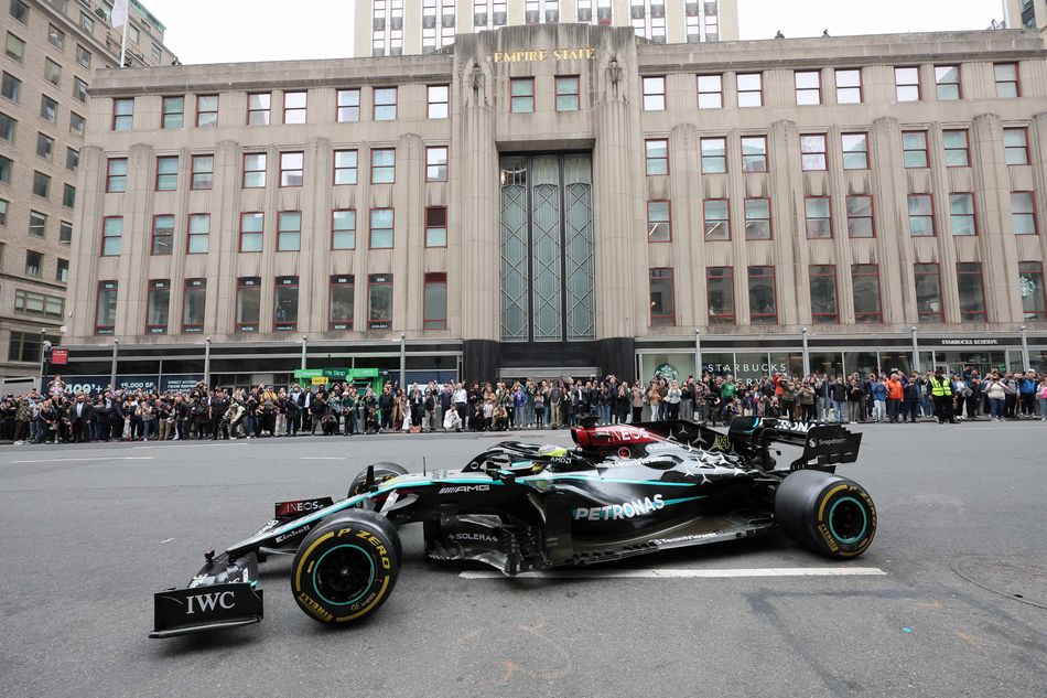 Lewis Hamilton in Mercedes F1 car in NYC