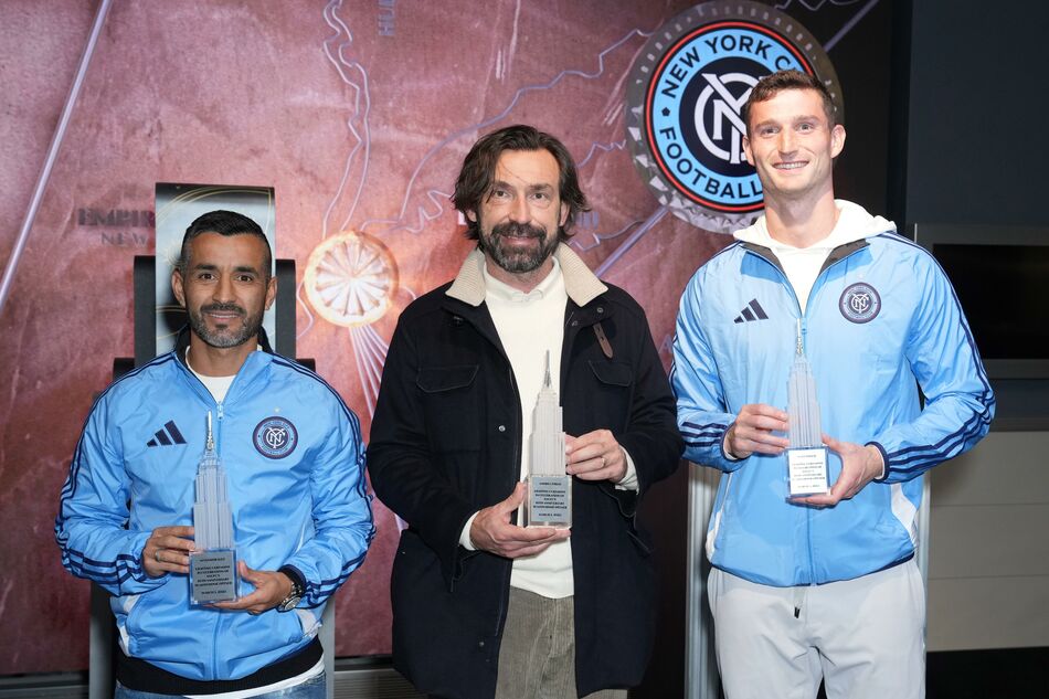 Andrea Pirlo, Maxi Moralez, and Matt Freese light the Empire State Building