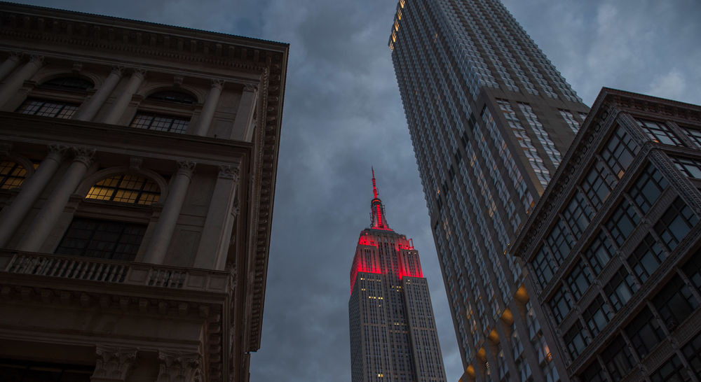 ESB lit in red for Hispanic Heritage Month