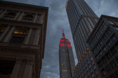 ESB lit in red for Hispanic Heritage Month