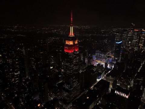 ESB lit in red and gold