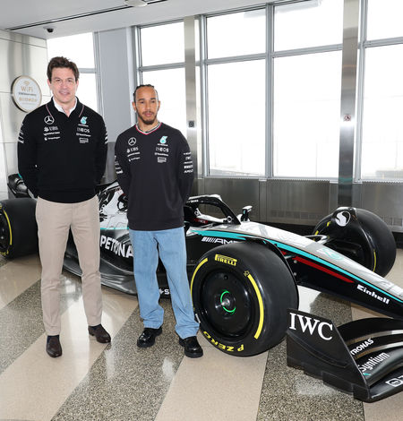 Toto Wolff and Lewis Hamilton on the 86th Floor with the F1 car