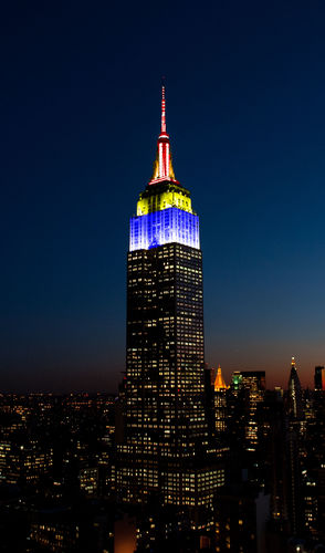 ESB lit in blue, yellow, orange, and red